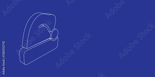 The outline of a large santa claus hat symbol made of white lines on the left. 3D view of the object in perspective. Vector illustration on indigo background