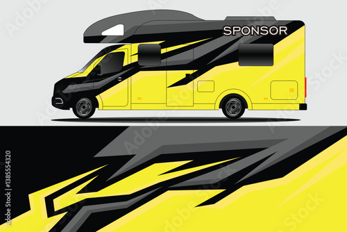 Vibrant yellow and black camper van with dynamic design, parked in a sunny outdoor setting