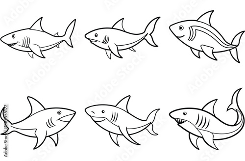Six outlined cartoon sharks in different poses on a clean white background