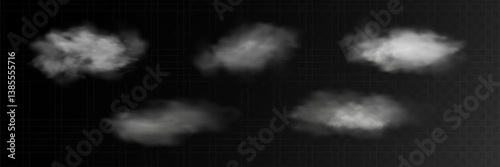 Set of white smoke or fog flow on floor. Large mist in dark room on black background. Smoke on stage studio. White cloud