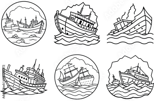 Line Art Ships Wrecked at Sea Vintage, Outline Illustration, Waves, Maritime Incident
