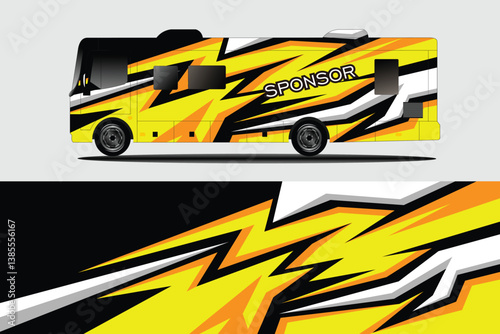 Vibrantly Designed RV with Bold Lightning Stripes, Set Against a Neutral Background