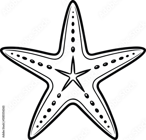 Isolated Outline Starfish Single Black and White Sea Star On White