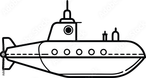 Black Outline Submarine, Side View, White Background, Detailed Propeller Design, Simple Art