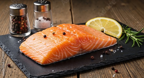 Delicious Fresh Salmon Fillet garnished with Lemon Zest and Exotic Spices served on Slate