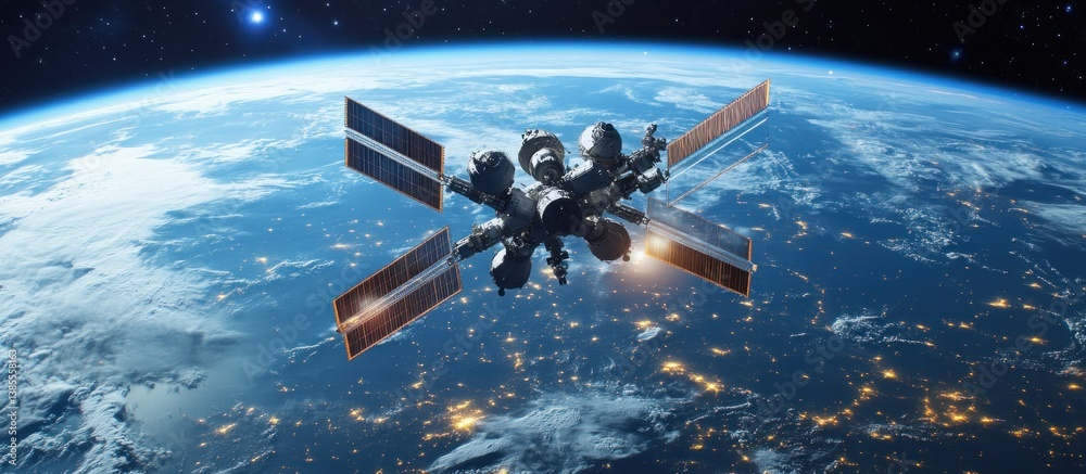 Obraz premium Space Station Orbiting Earth with City Lights and Stars