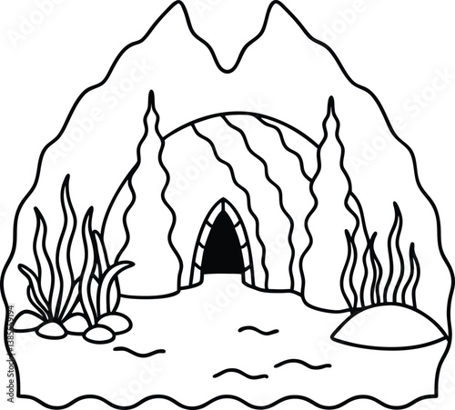 Line art cave with mountain, water, stone, and plants in monochrome illustration