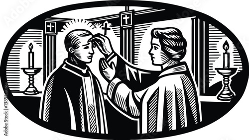 Vintage Woodcut Style Religious Illustration Depicting Ash Wednesday Rite in Church with Priest Applying Ashes on Forehead During Lenten Season