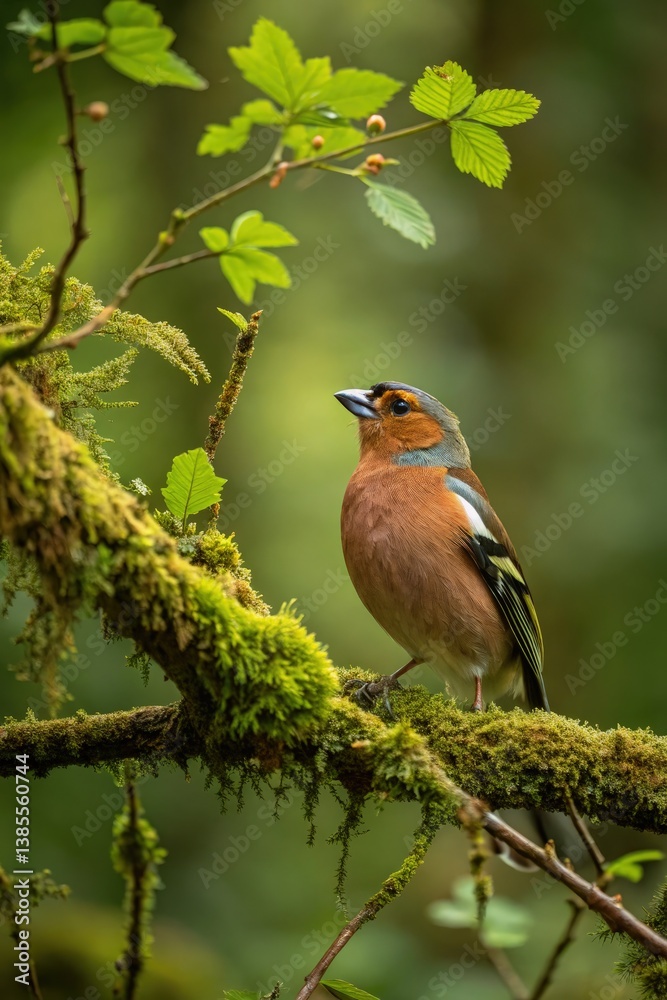 Colorful Bird Perched on Mossy Branch in Lush Forest Generative AI