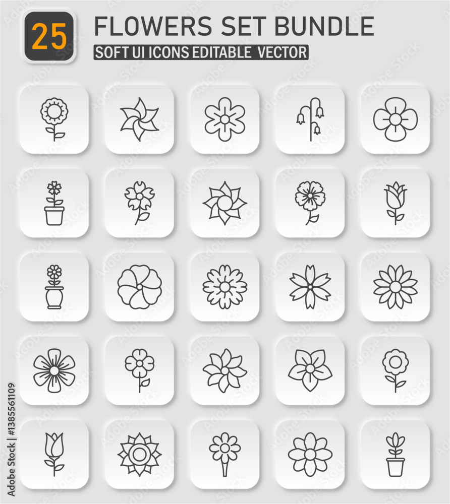 Diverse floral icon collection on neumorphic buttons, nature-themed graphic bundle Diverse floral icon collection on neumorphic buttons, nature-themed graphic bundle