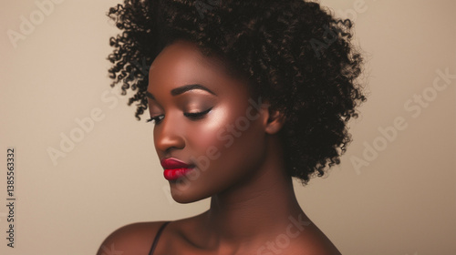 Woman portrait with dark skin and curly hair wearing red lipstick beauty style. Dark-skinned woman with bright makeup posing in studio