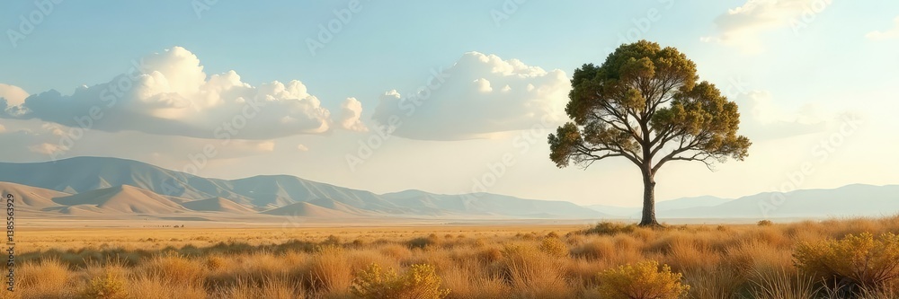 Fototapeta premium Single tree in a vast empty landscape with distant hills, landscape, stillness, solitude