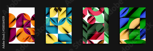 Abstract geometric backgrounds. Overlapping circles, squares create vibrant patterns. Modern designs utilize bold colors, gradients, clean lines. Minimalist aesthetic.