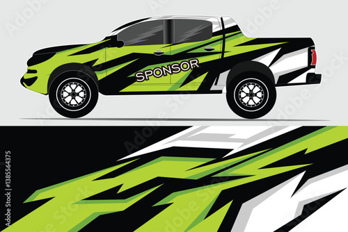 Vibrant green and black pickup truck with dynamic design and 'Sponsor' label in urban setting