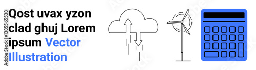 Cloud upload, wind turbine, and blue calculator emphasize renewable energy, technology, and sustainability. Ideal for energy solutions, environmental apps, technology sites, data analysis finance