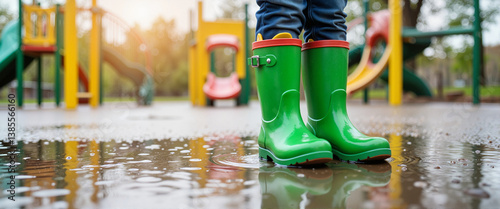 Green rain boots splashing in puddles at playground on rainy morning, joy