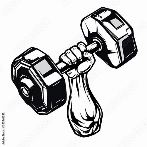 Hand Lifting Heavy Dumbbell in Black and White Illustration