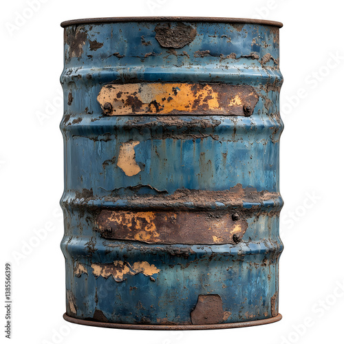 Old rusty blue steel oil barrel on a transparent background --s 750