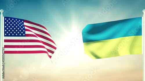 United states and Ukrainian Flags Waving Against Each Other. 3D Animation with Textured Detail.