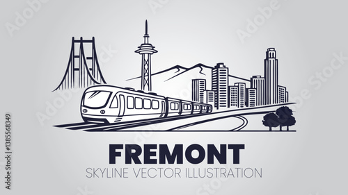 Fremont skyline silhouette on a white background, incorporating Mission Peak, Niles Canyon Railway, and city skyline.