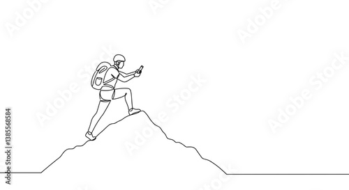 Hiker conquering a mountain peak with a smartphone in hand  