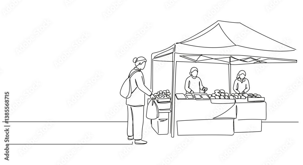 Person shopping at a market stall with vendors in a simple outline