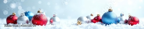 Obraz na płótnie Isolated red blue silver Christmas balls on a white background with snowflakes,, winter w salonie
