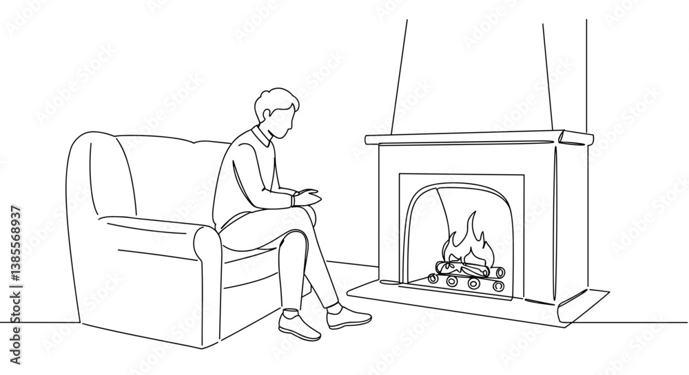 Person reflecting in a cozy living room by the fireplace