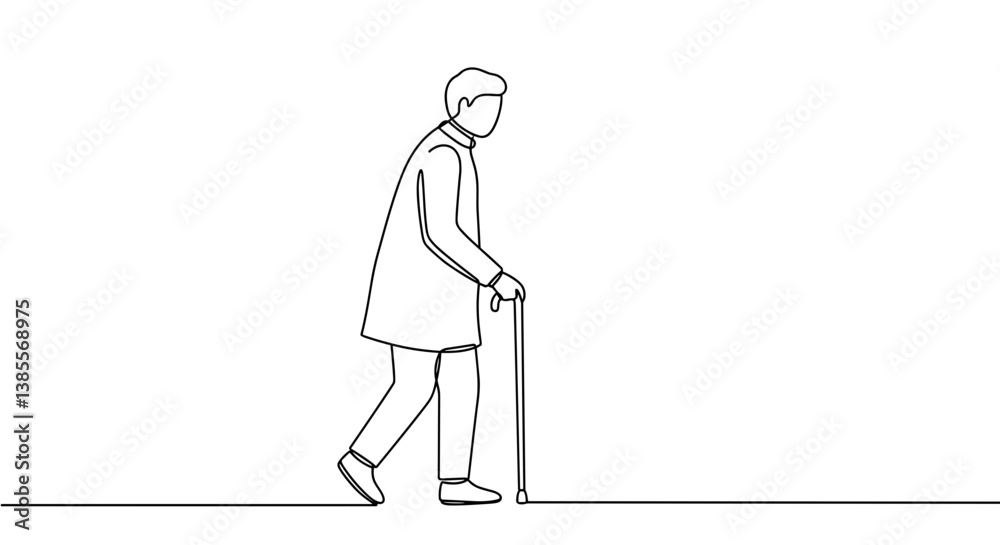 Elderly person walking with cane in minimalist outline style