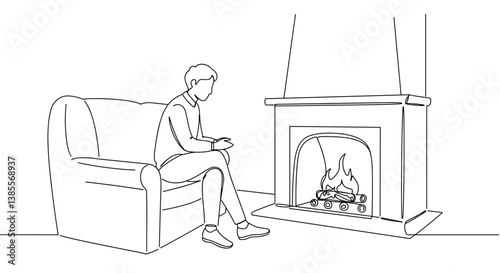 Obraz na płótnie Person reflecting in a cozy living room by the fireplace w salonie
