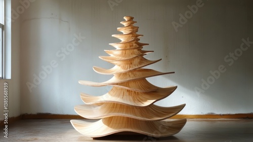 Layered wood sculpture,  a stylized tree form.  It's composed of  many  concentric,  curved  wood  slices,  creating  a  unique  and  intricate  design.  photo
