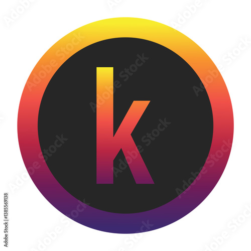 Abstract Lowercase Letter k Displaying a Vibrant Spectrum of Warm to Cool Gradient Colors Encased in a Smooth Dark Circular Frame