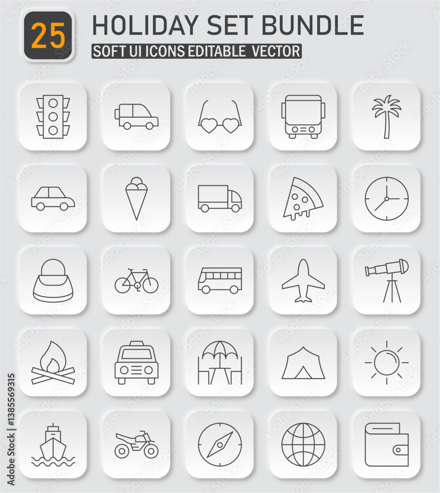 Comprehensive holiday and travel soft UI icons vector collection for various designs Comprehensive holiday and travel soft UI icons vector collection for various designs