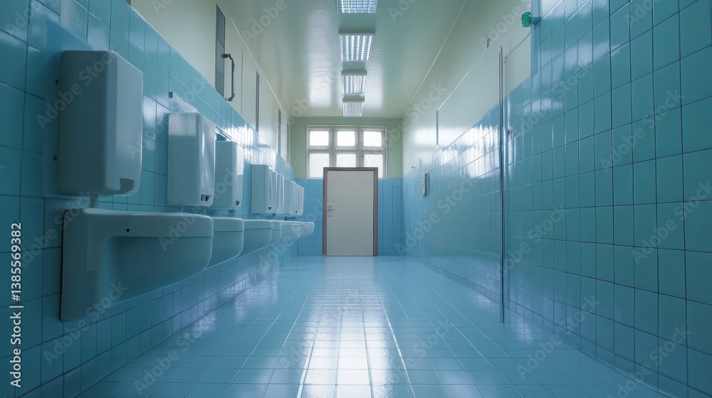 Fototapeta premium Long, empty hallway with light blue tiled walls and urinals.