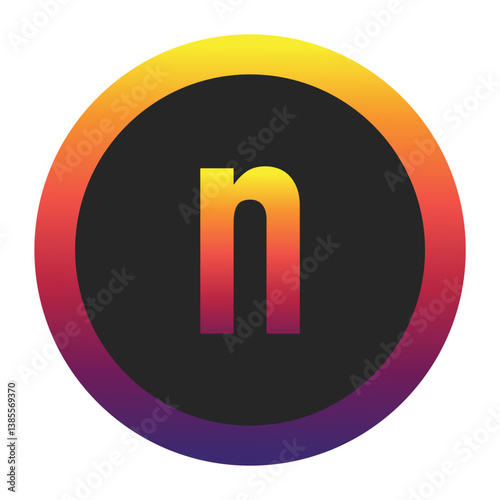 Abstract Lowercase Letter n Displaying a Vibrant Spectrum of Warm to Cool Gradient Colors Encased in a Smooth Dark Circular Frame