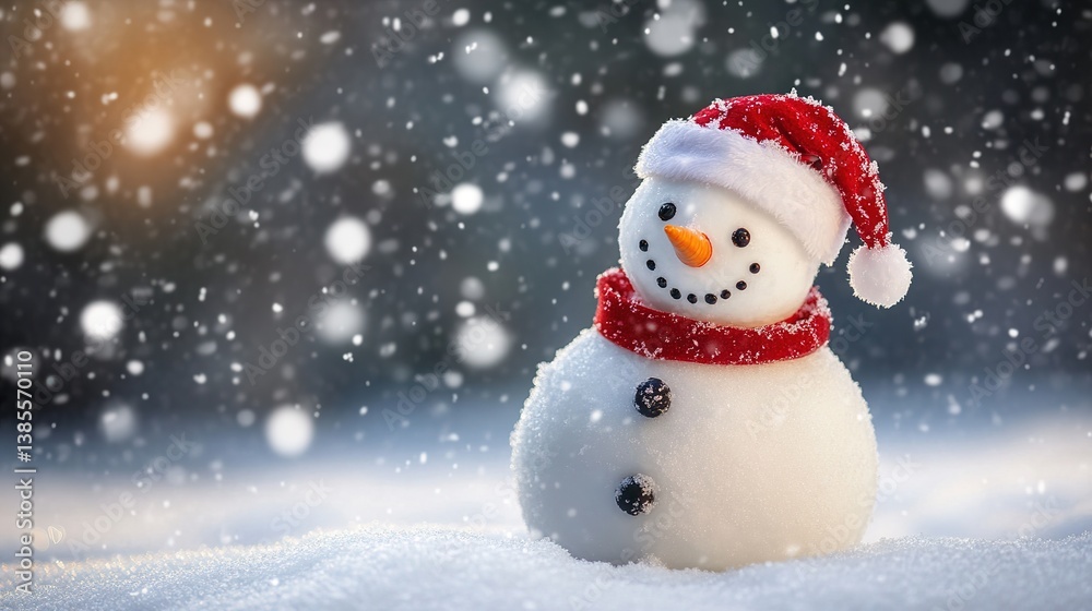 Fototapeta premium A classic snowman wearing a Santa hat, surrounded by falling snow.