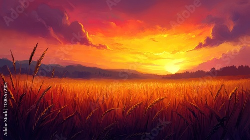 Vibrant sunset over a golden field of wheat.