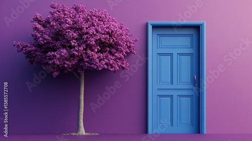 Autumn is here. A blue door contrasts a purple tree. Fall vibes on a purple background with copy space.