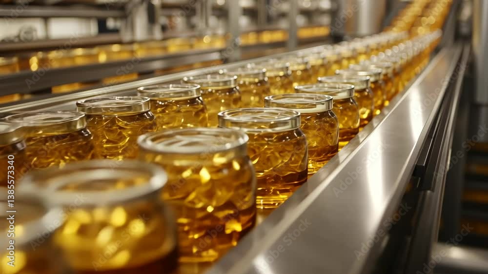 Automated Production Line: Jars Filled with Golden Liquid on a Conveyor Belt in a Food Processing Plant