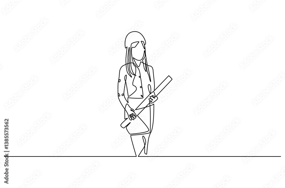 Obraz premium Continuous one line drawing of female architect holding blueprint paper. Single line drawing illustration of woman construction worker. Work profession concept vector art. Doodle line illustration.