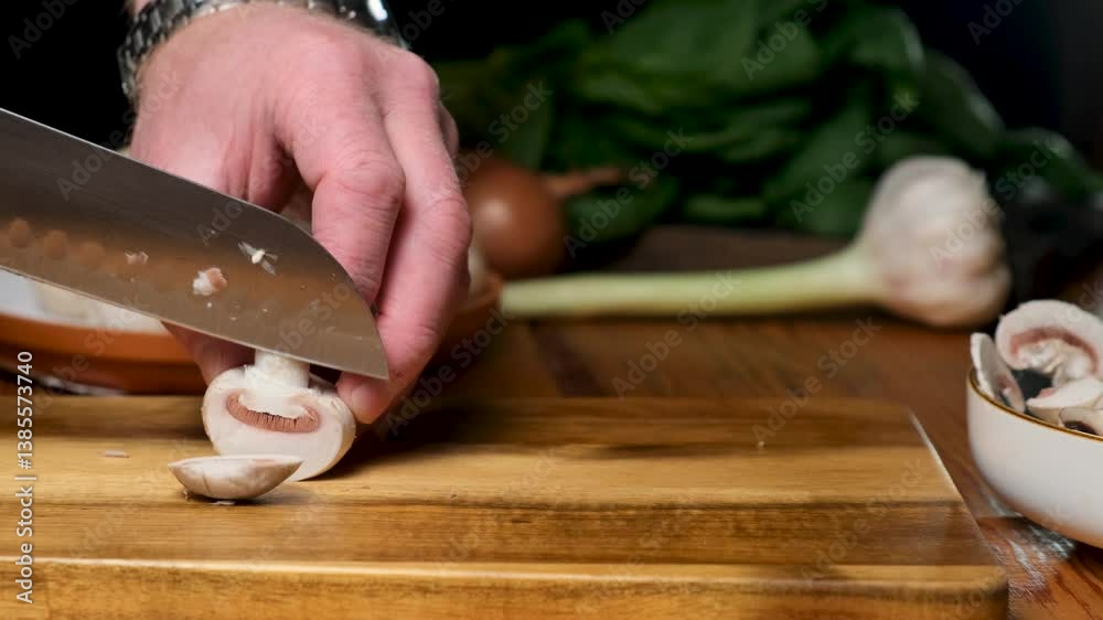 Chef's hand using a kitchen knife and a wooden cutting board to slice a fresh champignon. The cook uses a knife to cut the mushroom into equal pieces. Mushroom food.