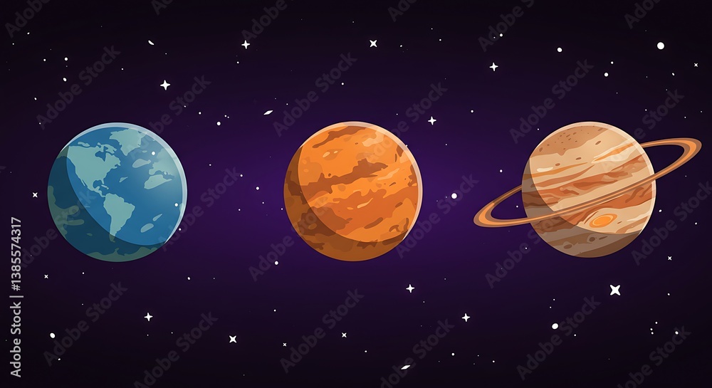Naklejka premium Cosmic Trio: Earth, Mars, and Saturn's Embrace AI Generated
