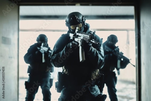 Swat team entering building during tactical operation
