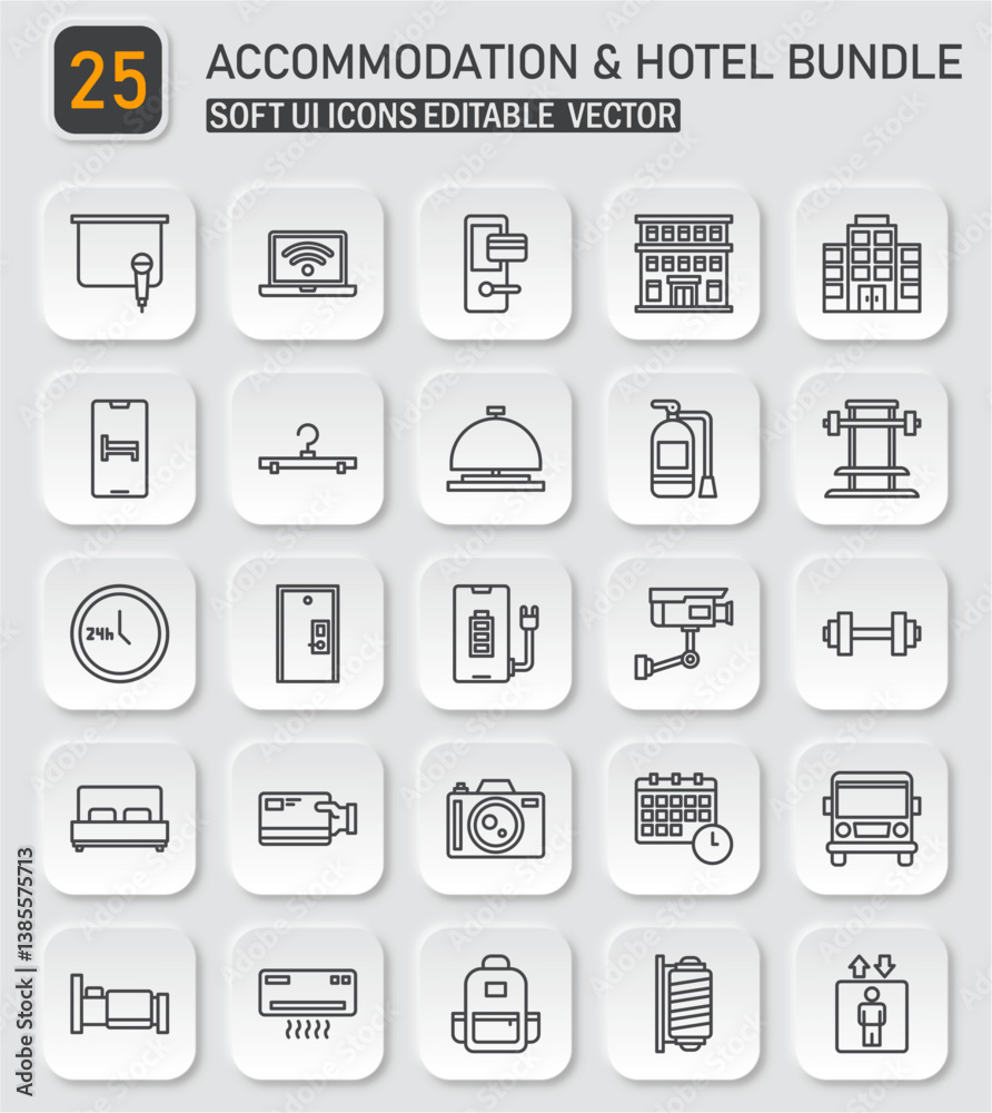 Accommodation and Hotel Services Icon Set, Editable Vector Illustration, Soft UI Style Accommodation and Hotel Services Icon Set, Editable Vector Illustration, Soft UI Style