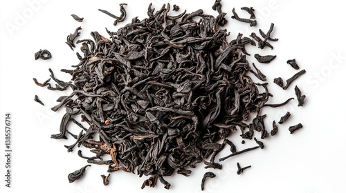 Dry black tea leaves pile isolated on white background, top view. Food isolated on white. Photo realistic photo.