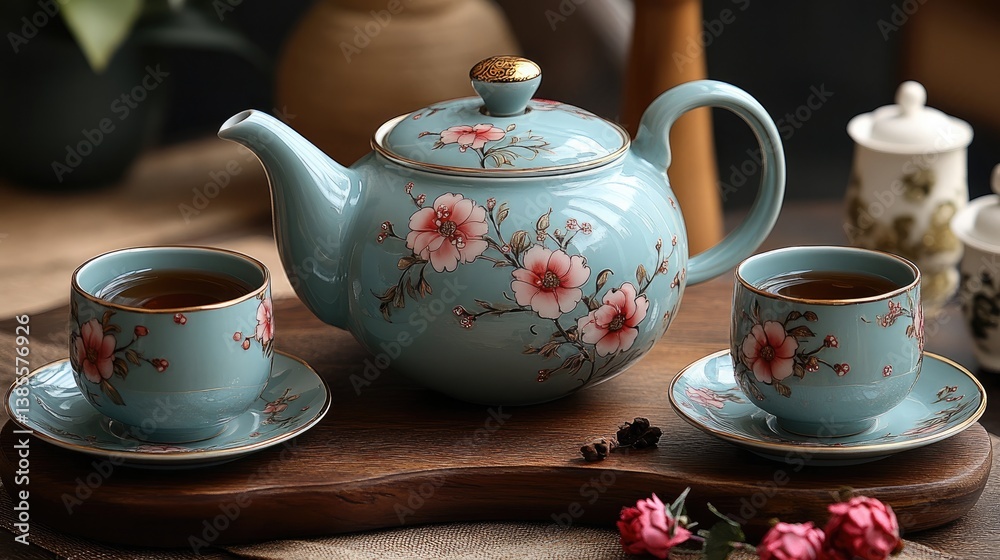Serene Tea Set: A delicate porcelain teapot and matching teacups, adorned with floral patterns, sit gracefully on a wooden tray, offering a tranquil moment of relaxation. Serene Tea Set: A delicate porcelain teapot and matching teacups, adorned with floral patterns, sit gracefully on a wooden tray, offering a tranquil moment of relaxation.