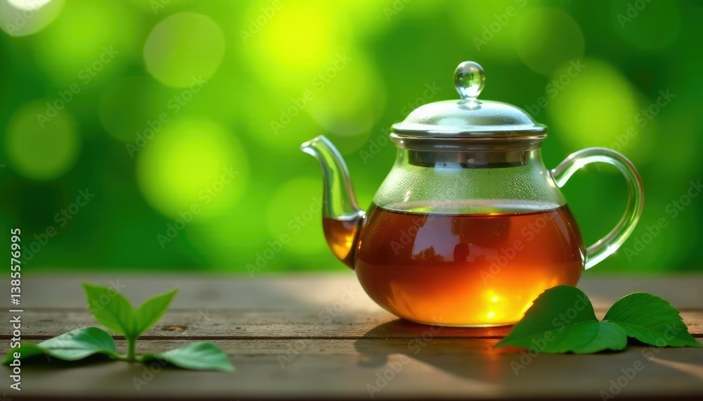 Soothing tea in a glass teapot on a wooden table amidst lush green leaves, glass teapot, calmness, relaxation