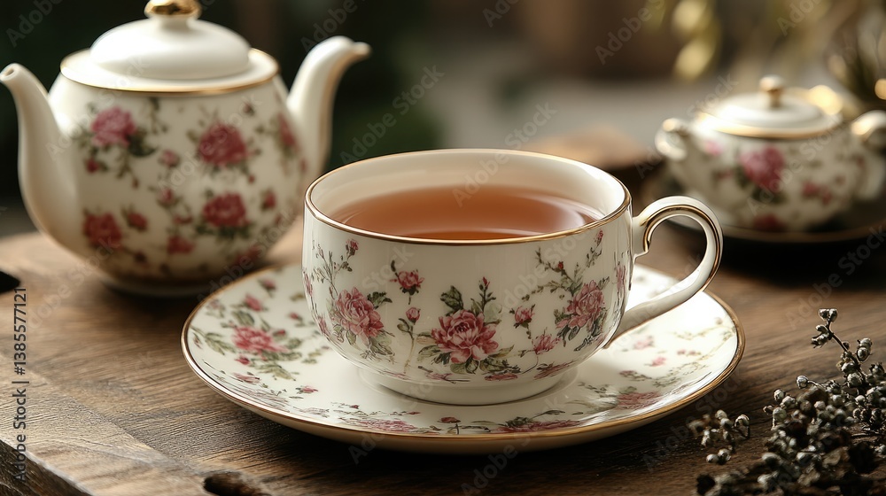 Serene Tea Time: A delicate tea cup and saucer filled with steaming tea sit alongside a matching teapot and sugar bowl, creating a scene of quiet elegance and peaceful enjoyment. Serene Tea Time: A delicate tea cup and saucer filled with steaming tea sit alongside a matching teapot and sugar bowl, creating a scene of quiet elegance and peaceful enjoyment.