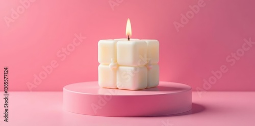 Obraz na płótnie Soy cube bubble candle on pink pedestal with subtle shadows, smooth surface, bubble candle w salonie