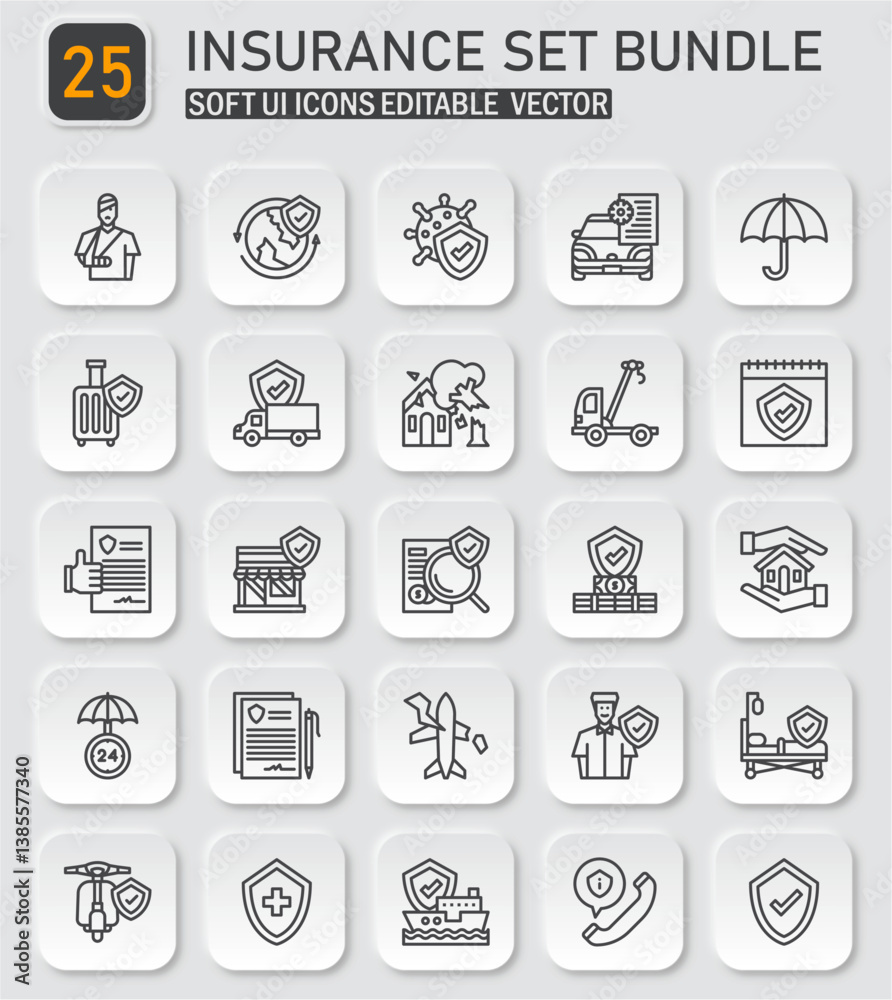 Comprehensive insurance vector icon collection illustrating diverse coverage options Comprehensive insurance vector icon collection illustrating diverse coverage options